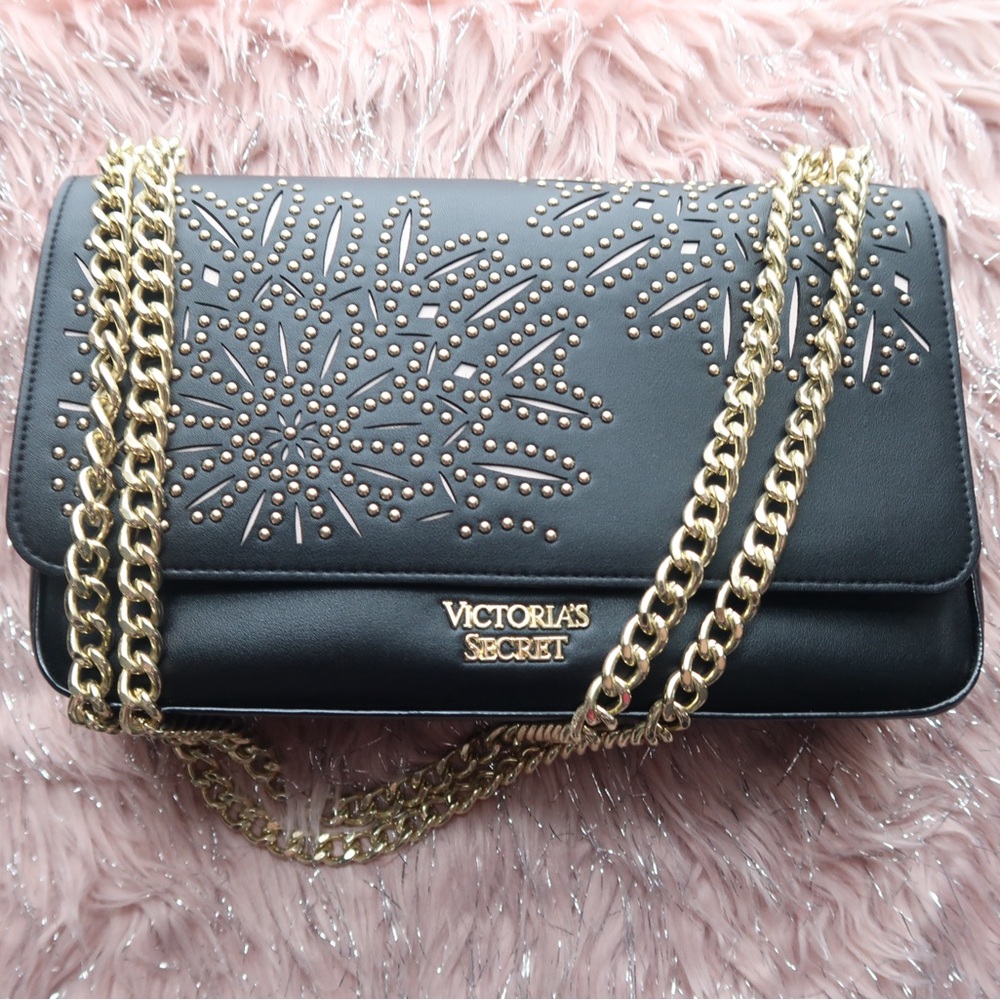Victoria Secret Black Gold Laser Cut Bind Street Handbag.